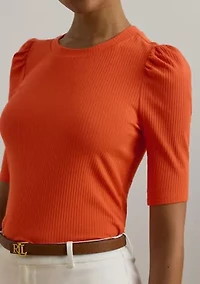 Cotton Blend Rib Knit Puff Sleeve T-Shirt