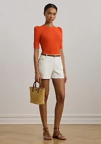 Cotton Blend Rib Knit Puff Sleeve T-Shirt