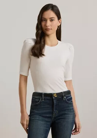 Cotton Blend Rib Knit Puff Sleeve T-Shirt