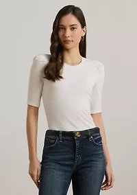 Cotton Blend Rib Knit Puff Sleeve T-Shirt