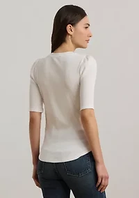 Cotton Blend Rib Knit Puff Sleeve T-Shirt