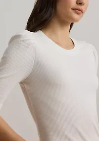 Cotton Blend Rib Knit Puff Sleeve T-Shirt