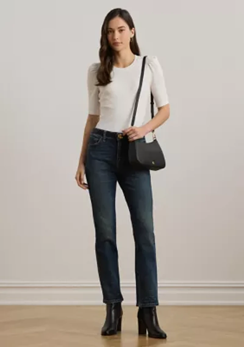 Cotton Blend Rib Knit Puff Sleeve T-Shirt