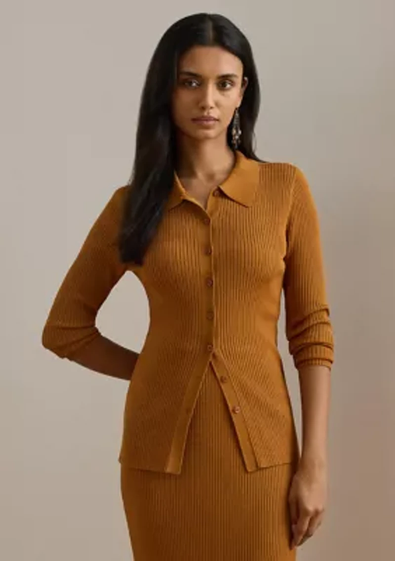 Rib-Knit Long-Sleeve Polo Cardigan