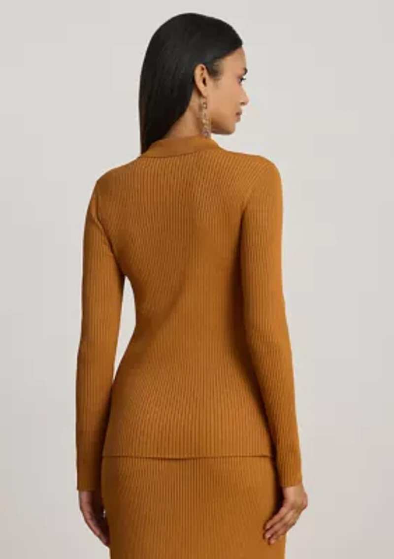 Rib-Knit Long-Sleeve Polo Cardigan