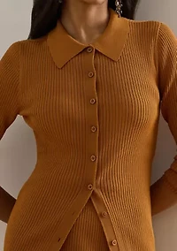 Rib-Knit Long-Sleeve Polo Cardigan