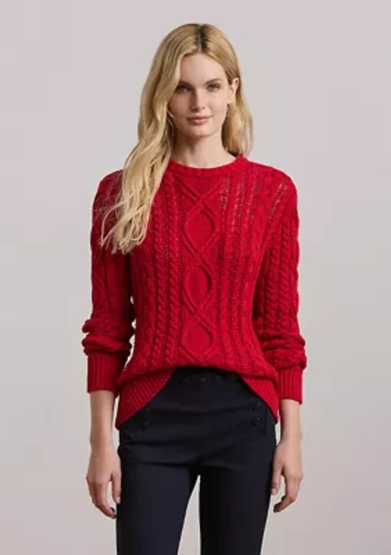 Aran Knit Cotton Blend Crew Neck Sweater