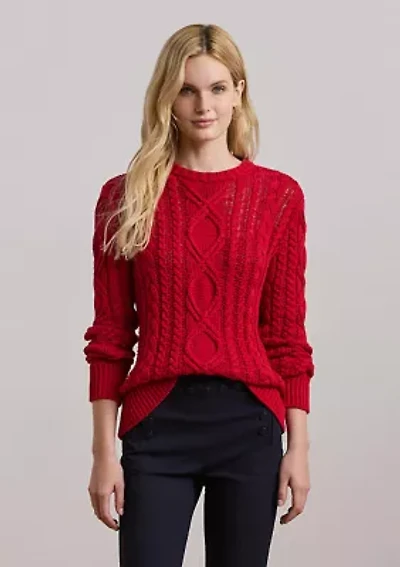 Aran Knit Cotton Blend Crew Neck Sweater