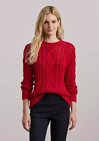 Aran Knit Cotton Blend Crew Neck Sweater