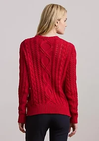 Aran Knit Cotton Blend Crew Neck Sweater