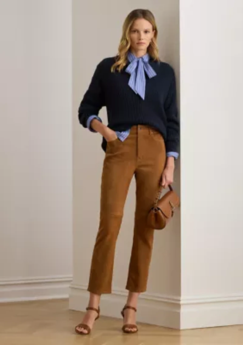 Women's High-Rise Goat-Suede Straight Ankle Pants