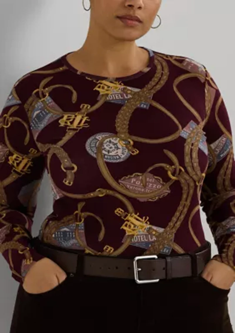 Plus Belting Print Cotton Long Sleeve T-Shirt