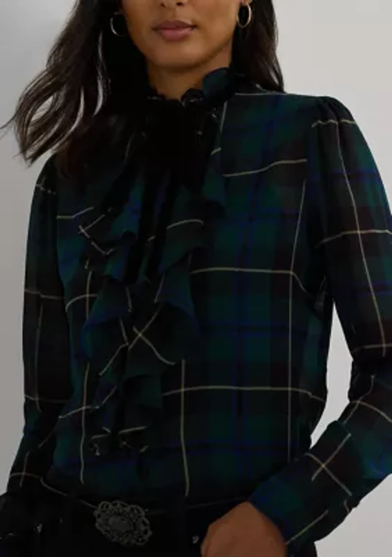 Women's Plaid Ruffle-Trim Georgette Blouse