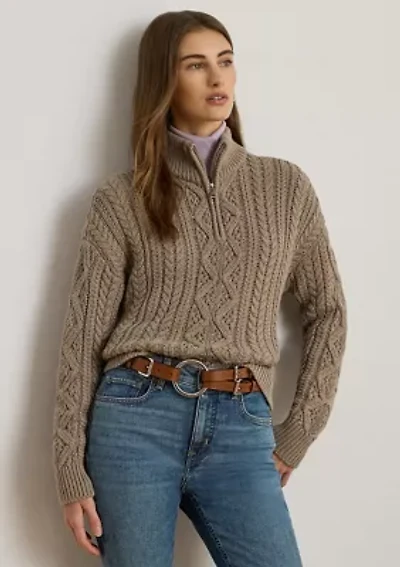 Women's Aran-Knit Cotton Quarter-Zip Pullover