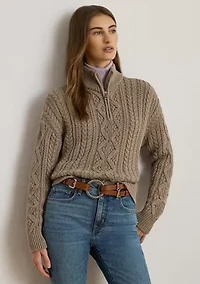 Women's Aran-Knit Cotton Quarter-Zip Pullover
