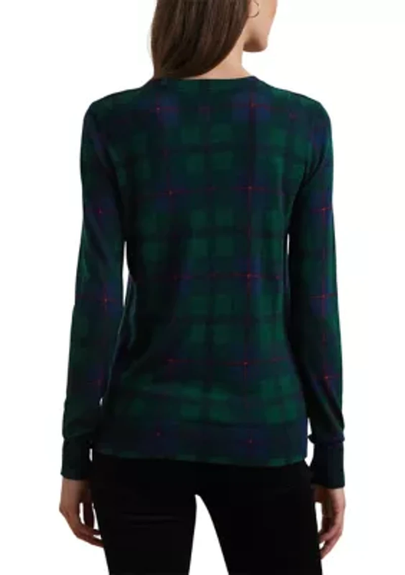 Women's Black Watch Plaid Beaded-Crest Sweater