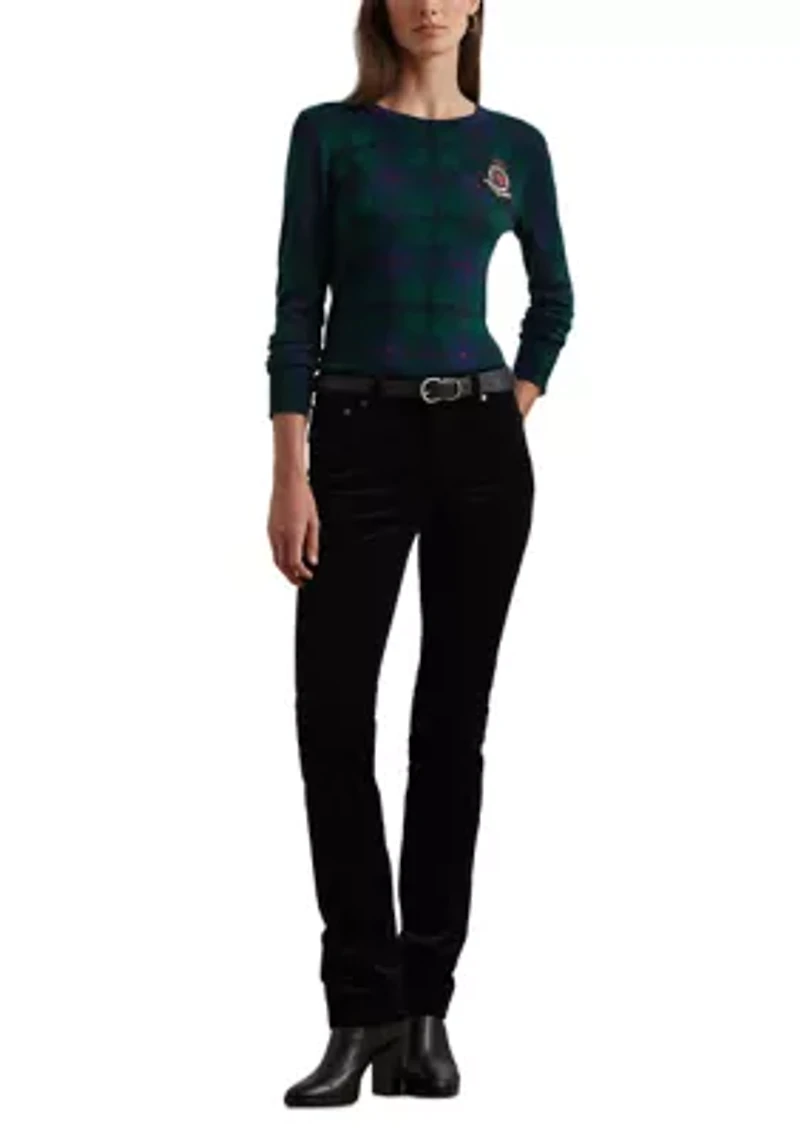 Women's Black Watch Plaid Beaded-Crest Sweater