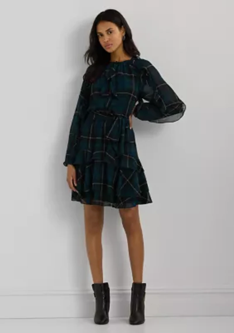 Women's Plaid Ruffle-Trim Georgette Tiered Dress