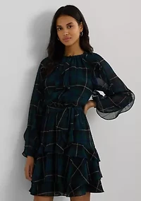 Women's Plaid Ruffle-Trim Georgette Tiered Dress