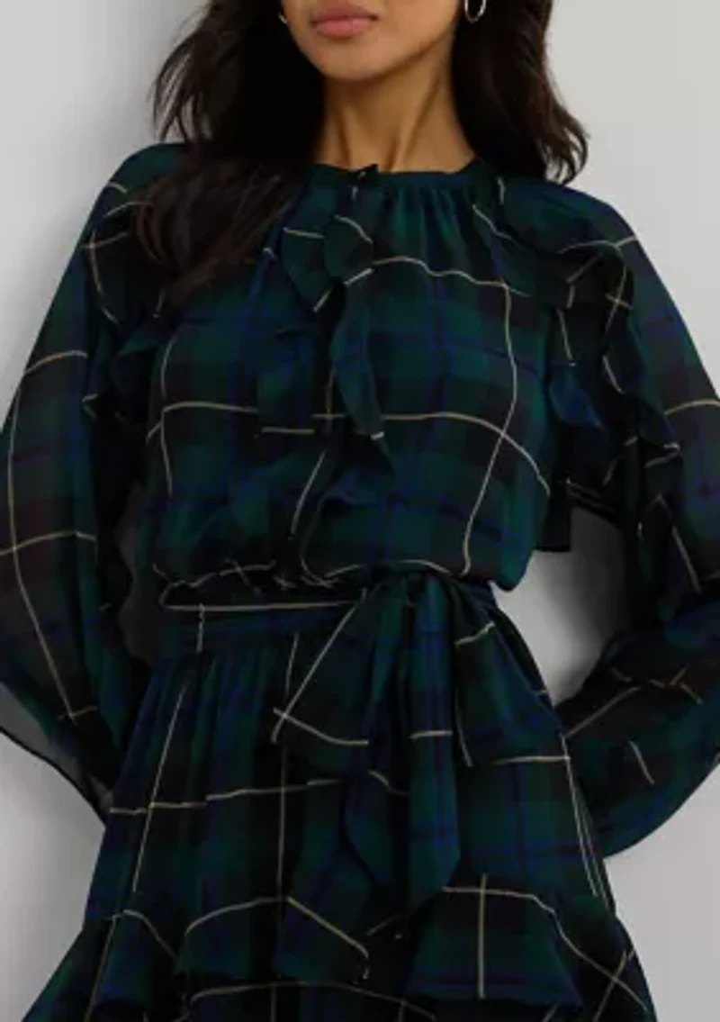 Women's Plaid Ruffle-Trim Georgette Tiered Dress