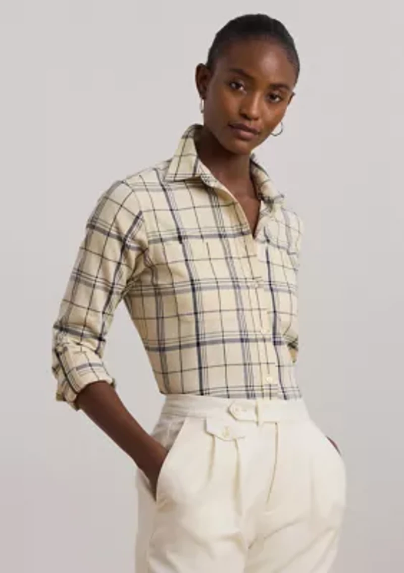 Women's Relaxed Fit Plaid Roll-Tab-Sleeve Shirt