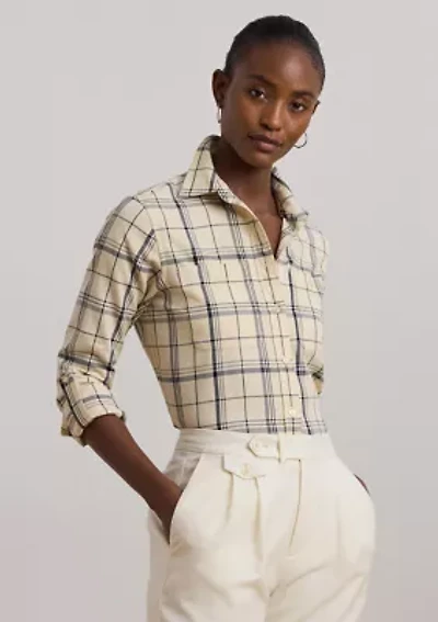 Women's Relaxed Fit Plaid Roll-Tab-Sleeve Shirt
