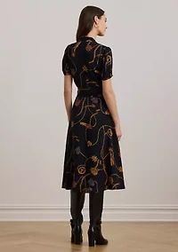 Women's Print Belted Georgette Puff-Sleeve Dress