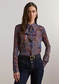 Women's Classic Fit Print Chiffon Tie-Neck Shirt