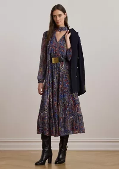 Women's Paisley Chiffon Tiered Tie-Neck Dress
