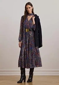 Women's Paisley Chiffon Tiered Tie-Neck Dress
