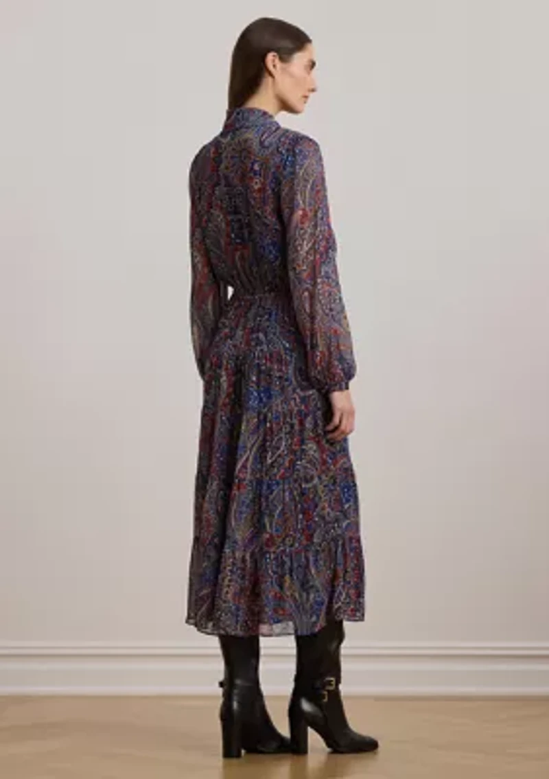 Women's Paisley Chiffon Tiered Tie-Neck Dress