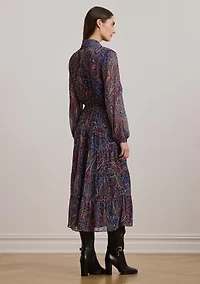 Women's Paisley Chiffon Tiered Tie-Neck Dress