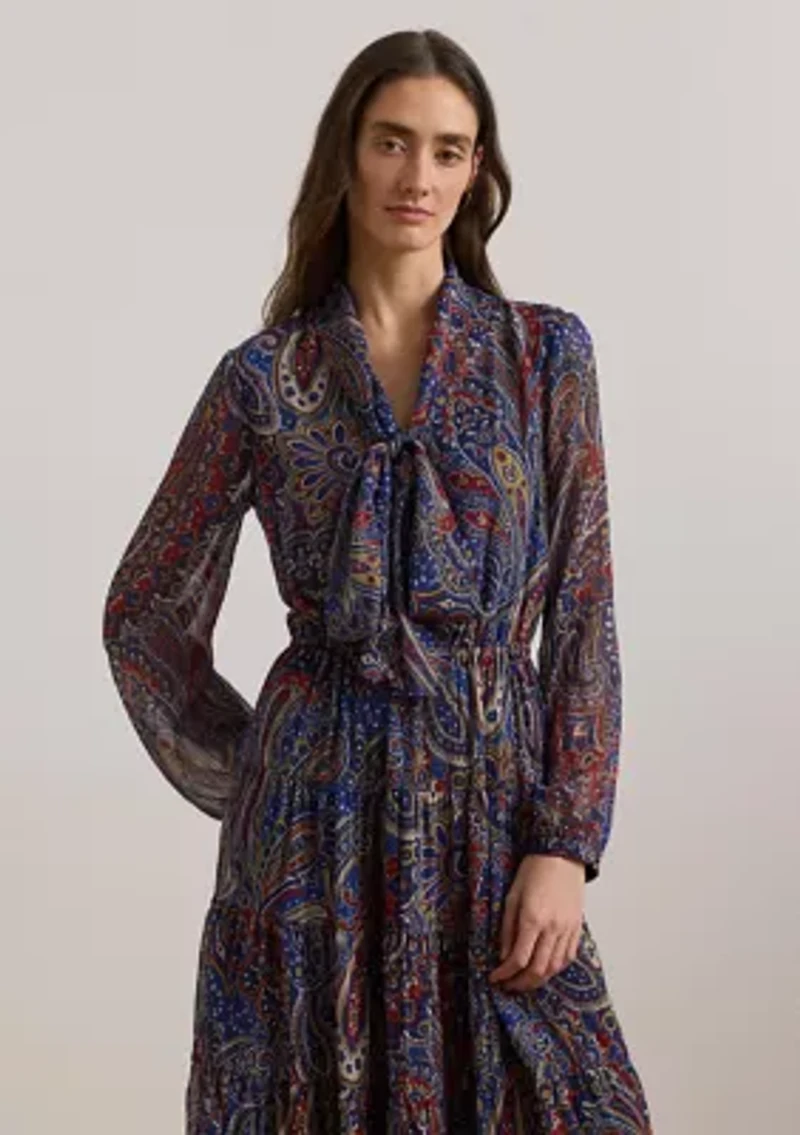 Women's Paisley Chiffon Tiered Tie-Neck Dress