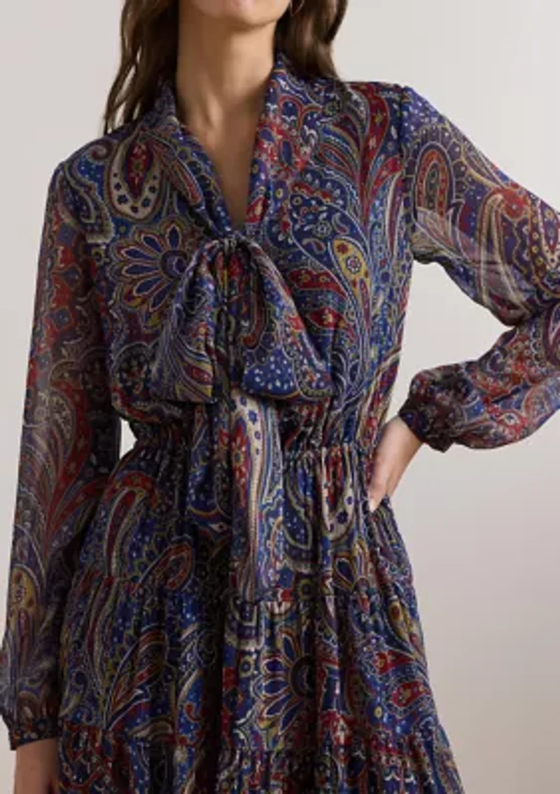 Women's Paisley Chiffon Tiered Tie-Neck Dress