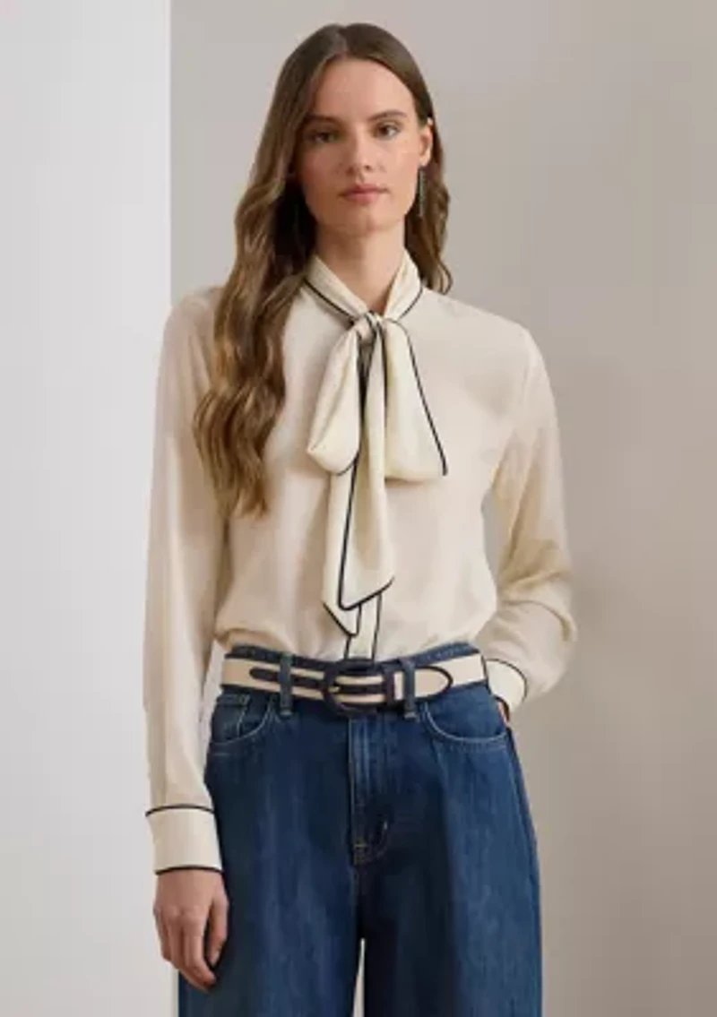 Women's Two-Tone Georgette Tie-Neck Blouse