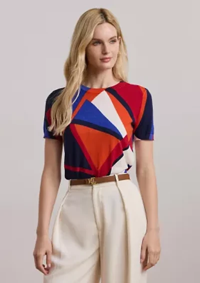 Print Cotton-Blend Short-Sleeve Sweater