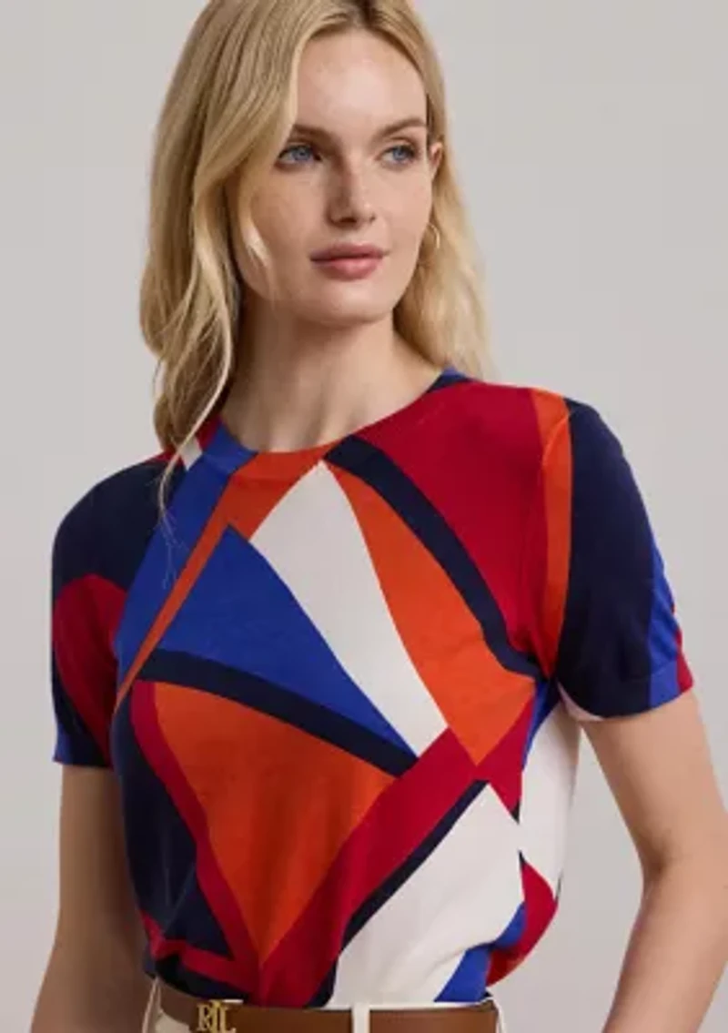 Print Cotton-Blend Short-Sleeve Sweater