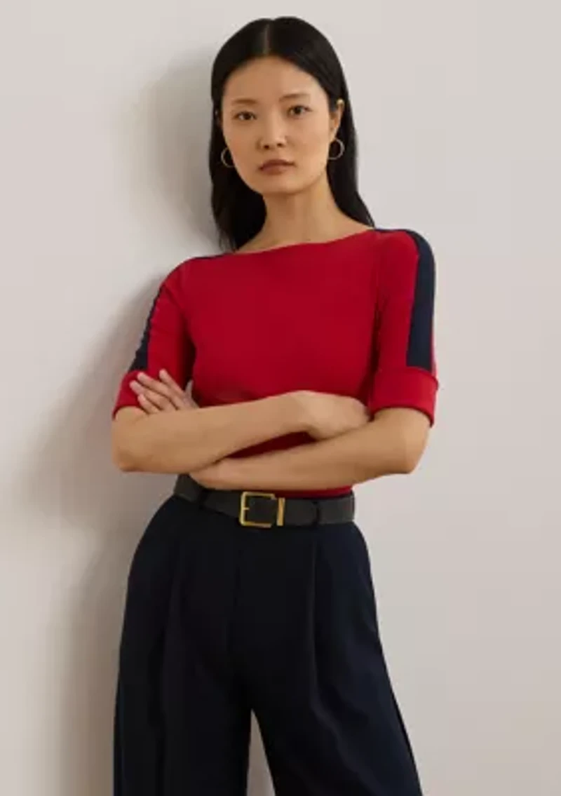 Two Tone Stretch Cotton Elbow Sleeve T-Shirt