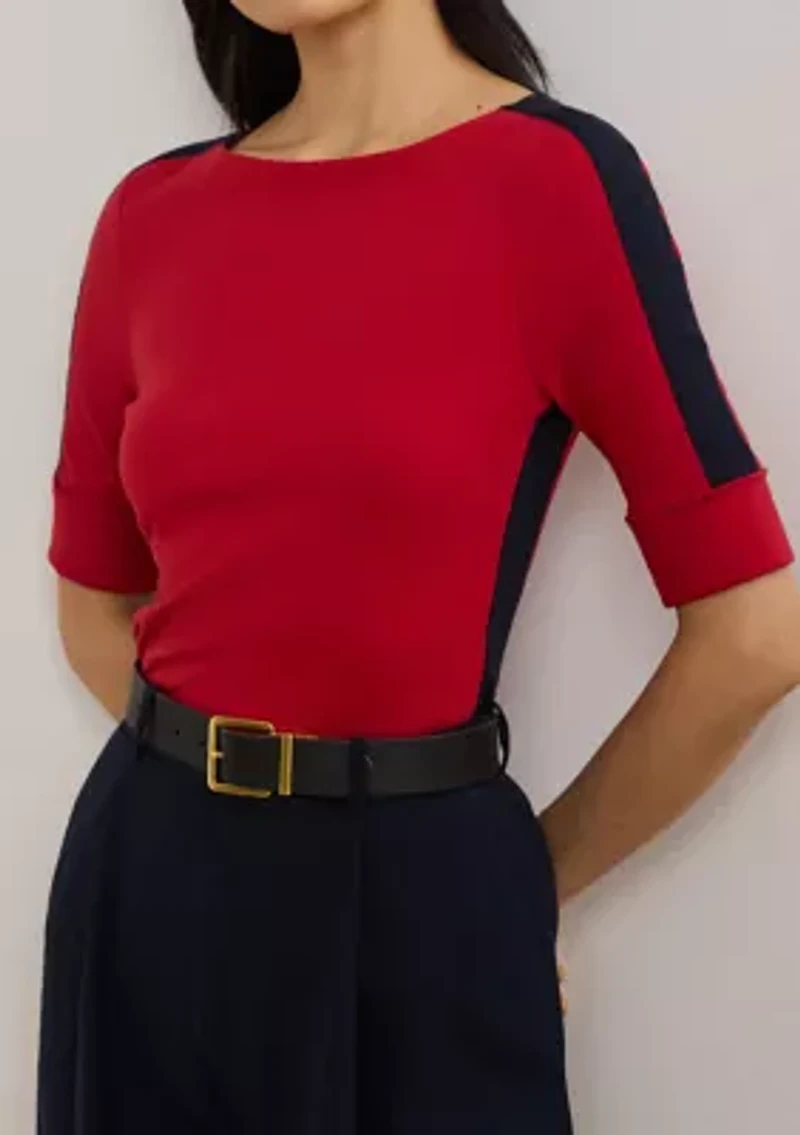 Two Tone Stretch Cotton Elbow Sleeve T-Shirt