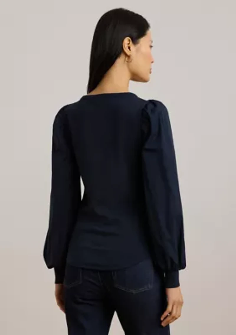 Women's Stretch Cotton Puff-Sleeve Henley Top