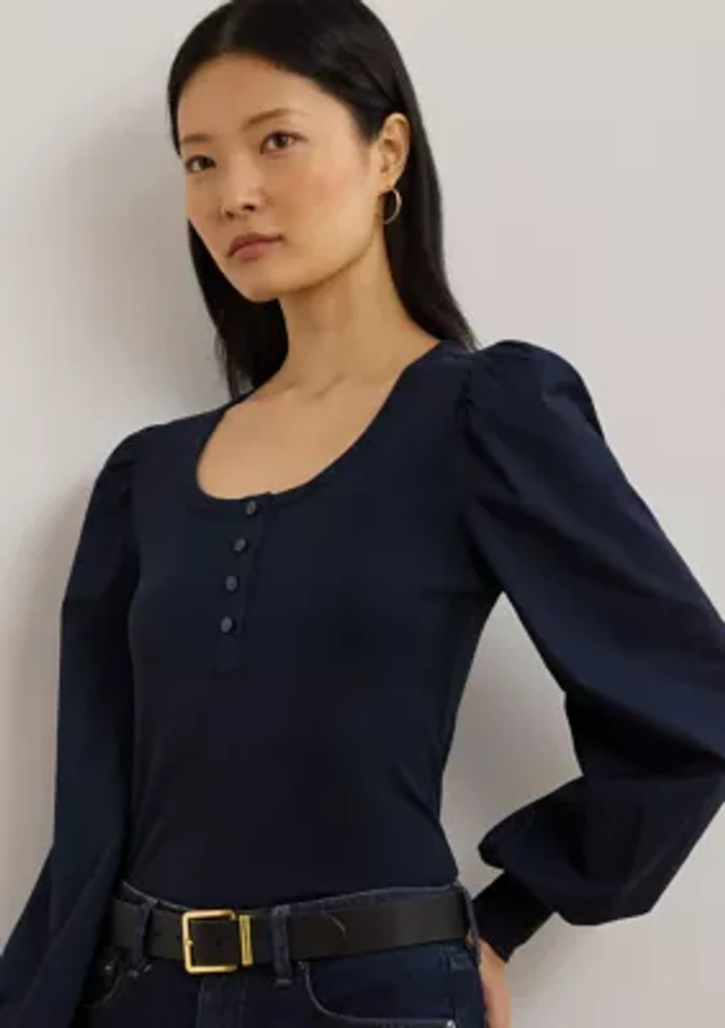 Women's Stretch Cotton Puff-Sleeve Henley Top