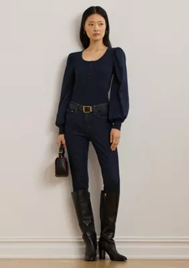 Women's Stretch Cotton Puff-Sleeve Henley Top