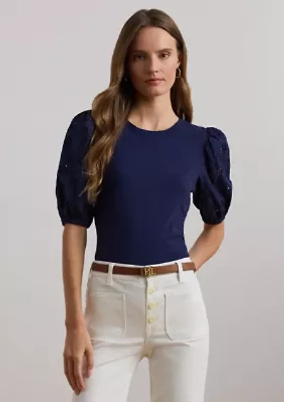 Eyelet Jersey Puff-Sleeve T-Shirt