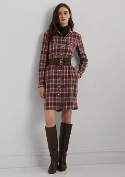 Women's Checked Plaid Belted Cotton Shirtdress