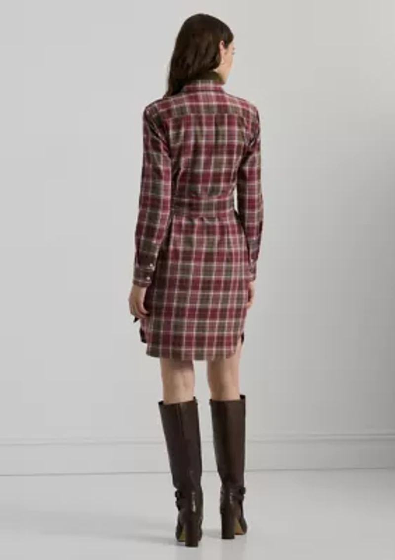 Women's Checked Plaid Belted Cotton Shirtdress