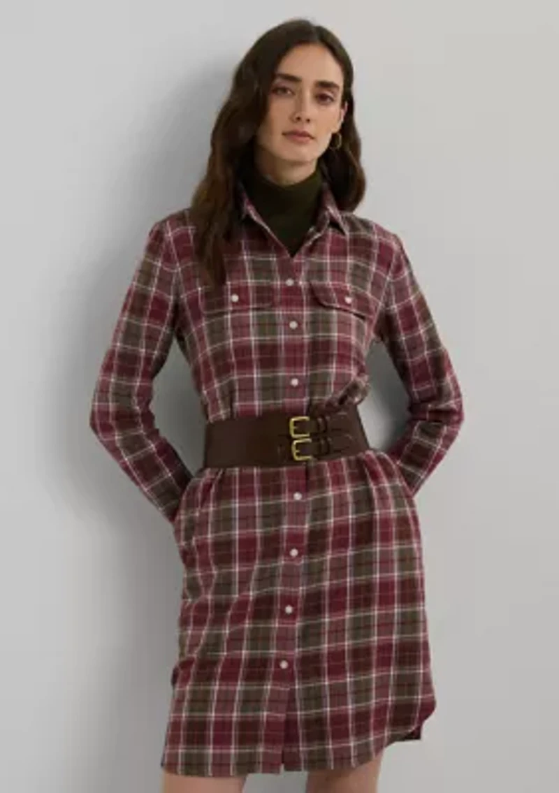 Women's Checked Plaid Belted Cotton Shirtdress