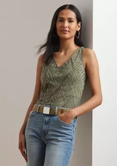 Beaded Mesh Sleeveless Blouse
