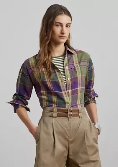 Women's Relaxed Fit Plaid Linen Shirt