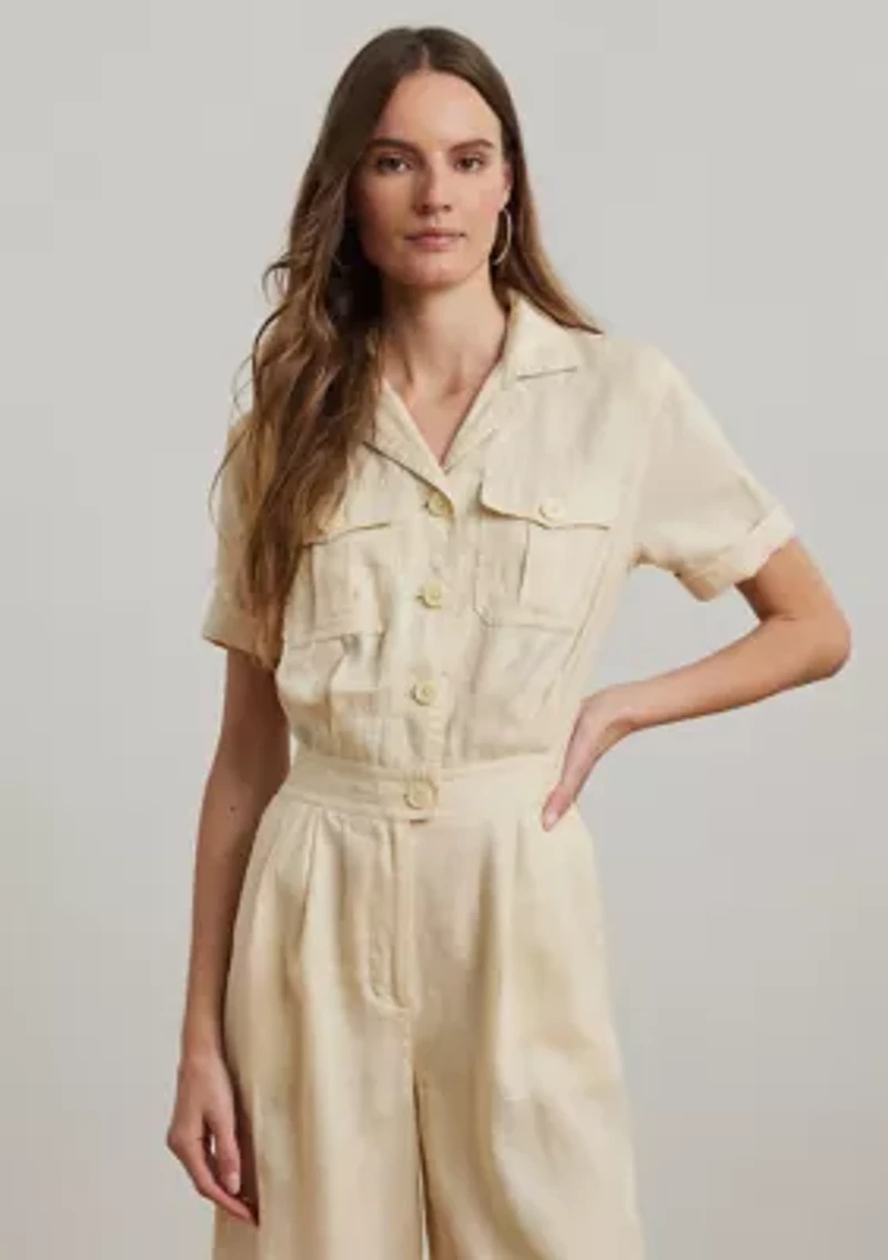 Embroidered Linen Short Sleeve Jumpsuit