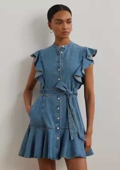 Belted Denim Flutter Sleeve Shirtdress